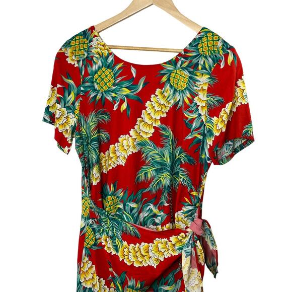 90's Hilo Hattie Auth Hawaiian Faux Wrap Sarong Dress Tropical Pineapple Medium - Picture 2 of 8